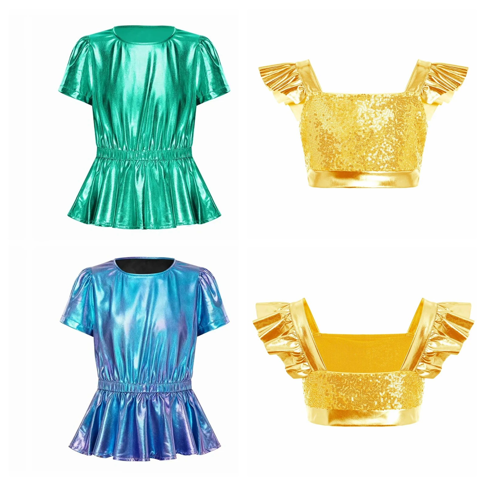 Fashion Children's Cold Shoulder Tassel T-shirt Shiny Crop Tops Streetwear Kid Girls Jazz Latin Dance Costume Tops Disco Outfit