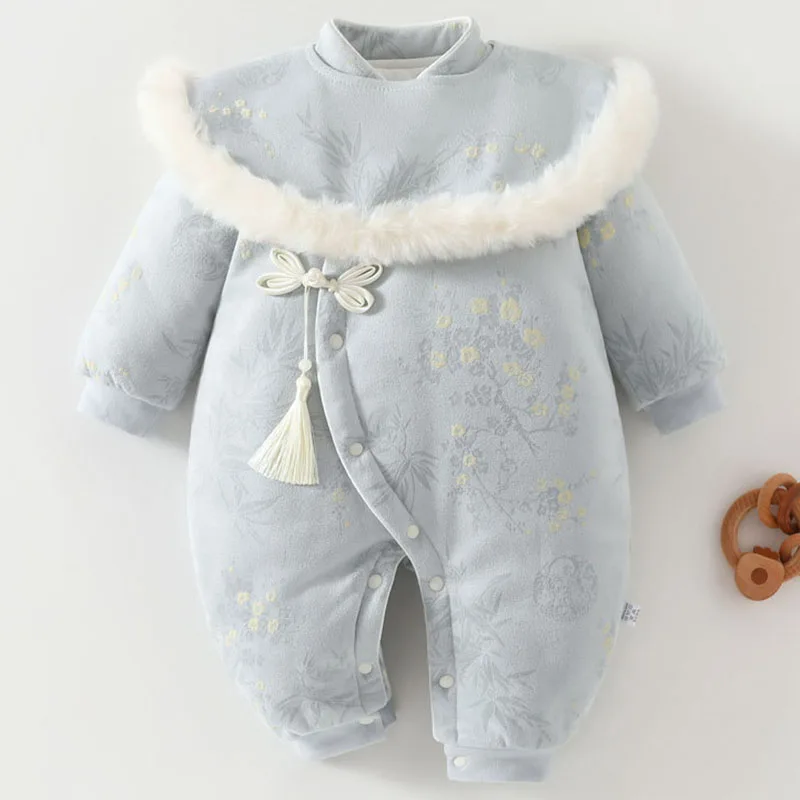 Winter Clothings Infant Girl Clothes Chinese Style Cute Pink Flowers Print Warm Thicker Jumpsuits Baby Romper Newborn Items B162