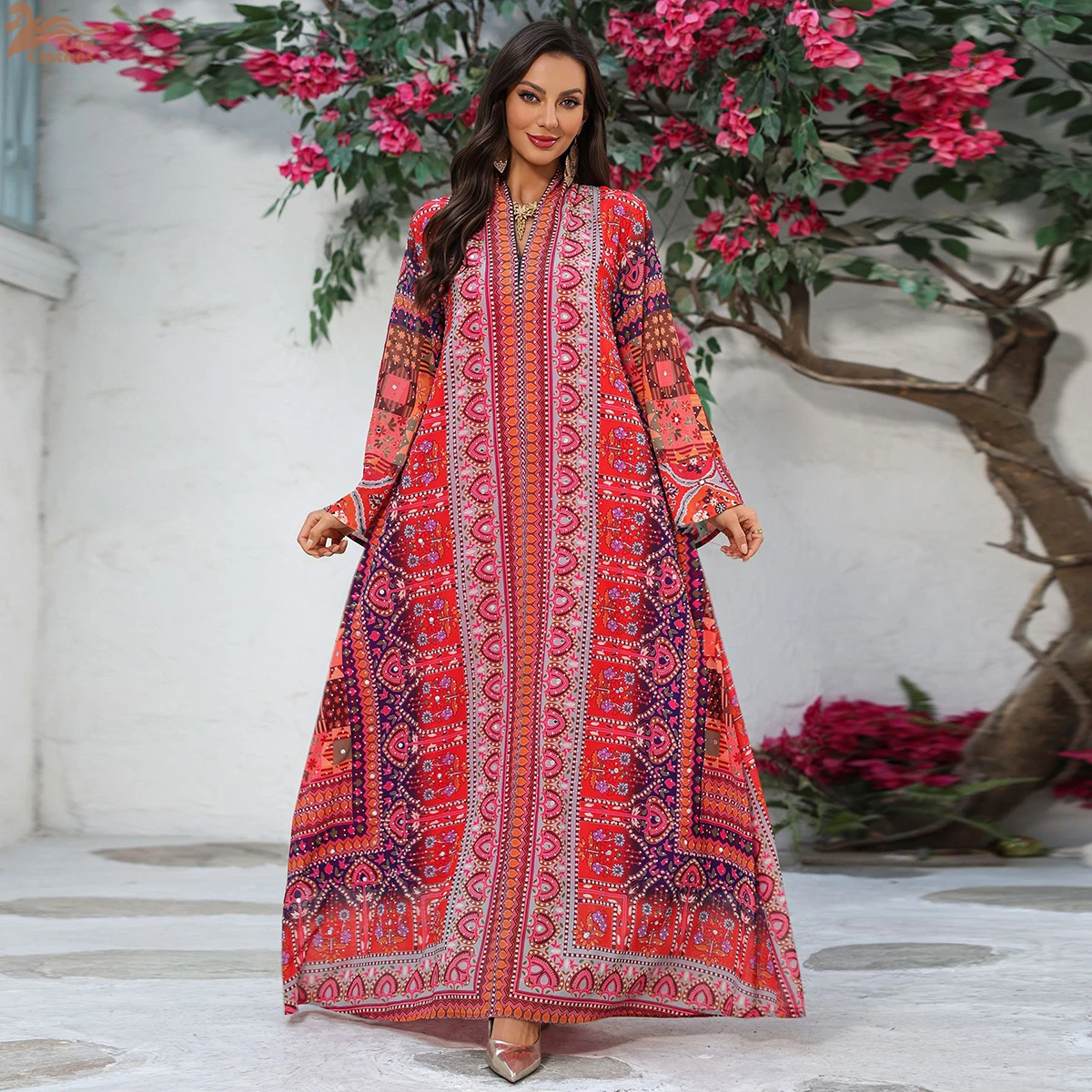 

Uni Ramadan Dubai Floral Print Luxury Abaya Women Evening Dress Loose Sleeve Rhinestone Decorated Moroccan Caftan Women