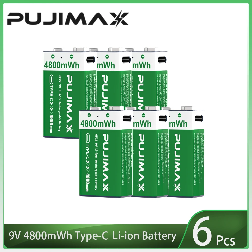 PUJIMAX USB 9V Oplaadbare Batterij 4800mWh Type-C Oplaadbare 6F22 9V Li-ion Batterij voor RC Helicopeter Model Multimeter Speelgoed