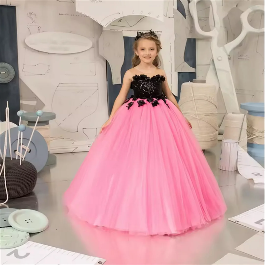 Flower Girl Dress For Wedding Applique Tulle Fluffy Sleeveless Sequins First Communion Birthday Party Prom Ball Gowns