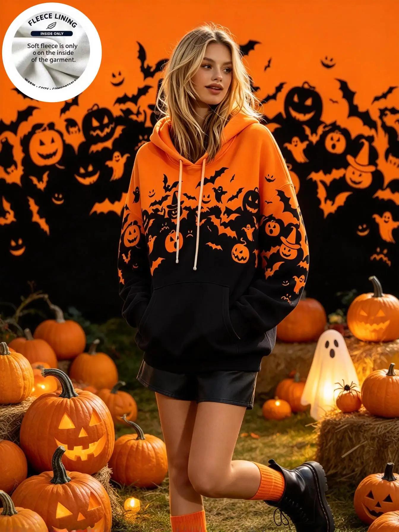 Halloween Women Fleece Hooded Sweatshirt Cartoon Pumpkin Ghost Bat Gradient Print Casual Long Sleeve Hoodie