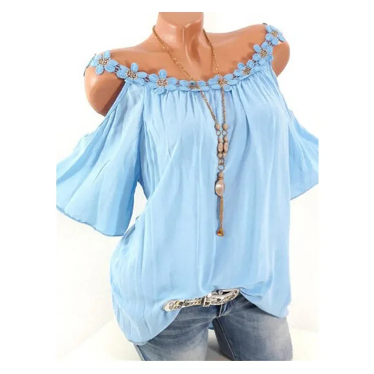 Women Spring Summer Shirt Blouse Solid Color Short Sleeves Hollow Out O Neck Casual Elegant Fashion Comfortable Regular Standard