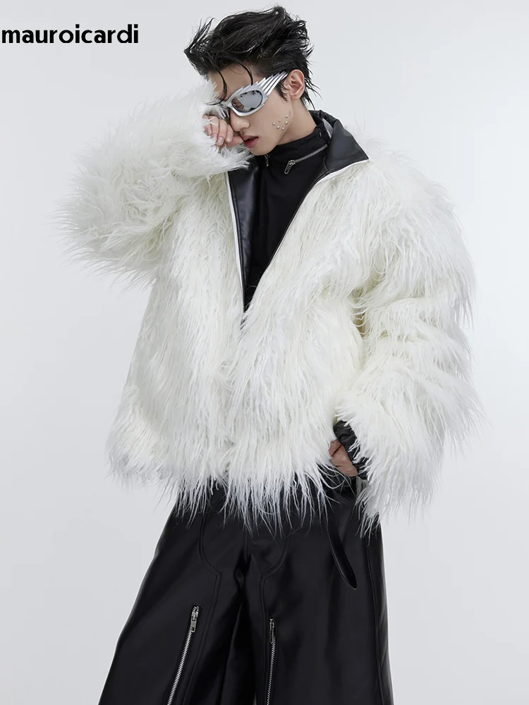 Mauroicardi Winter Short White Thick Warm Shaggy Hairy Soft Faux Mongolian Fur Coat Men High Quality Luxury Fluffy Jacket 2023