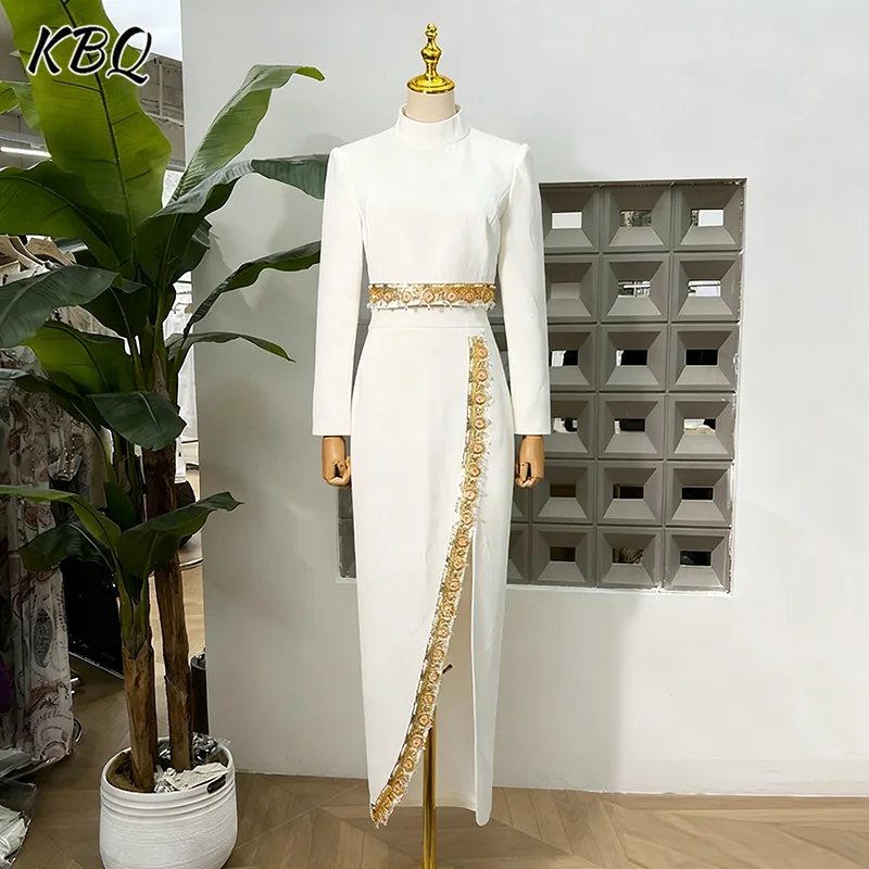 KBQ Spliced Beading Two Piece Sets for Women Stand Collar Long Sleeves Top High Waist Split Skirt Elegant Set Female Fashion New