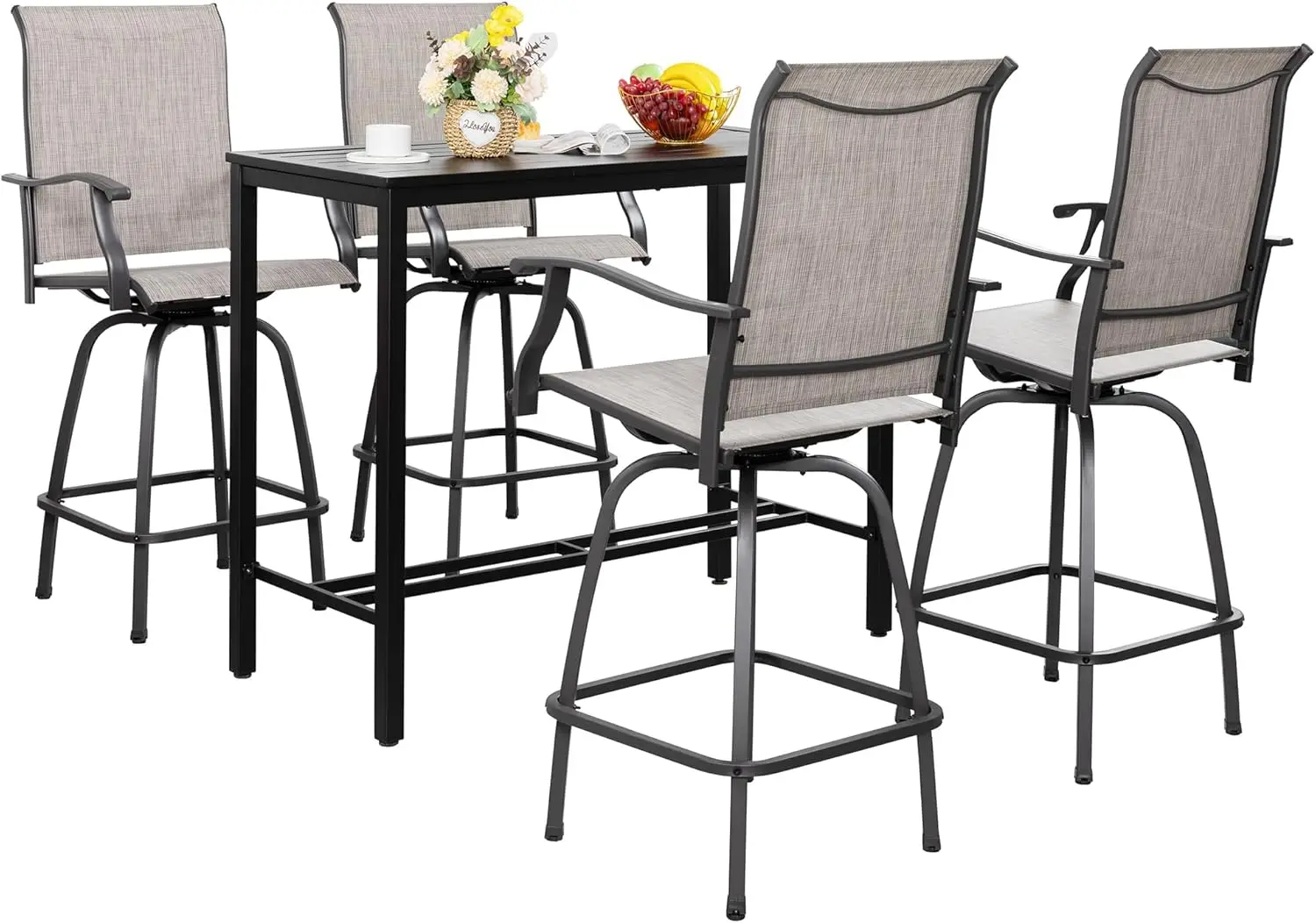 5 Piece Patio Swivel Bar Set All Weather Mental Textilene High Swivel Bar Stools Chair Set of 4 and High Glass Bar Table