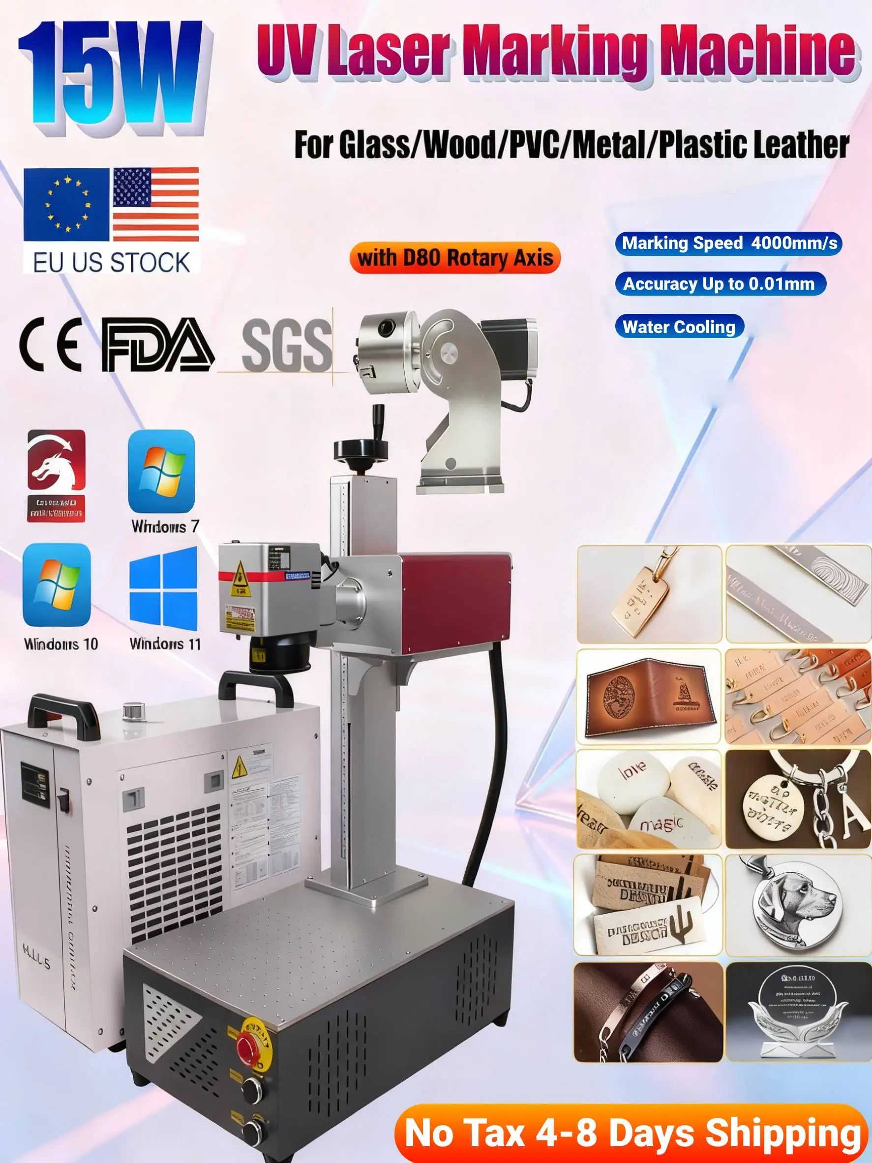 15 W UV-Laserbeschriftungsgravurmaschine CRS 355 nm Lasergravierer Wasserkühlung für Glas/Holz/PVC/Metall/Kunststoff Leder