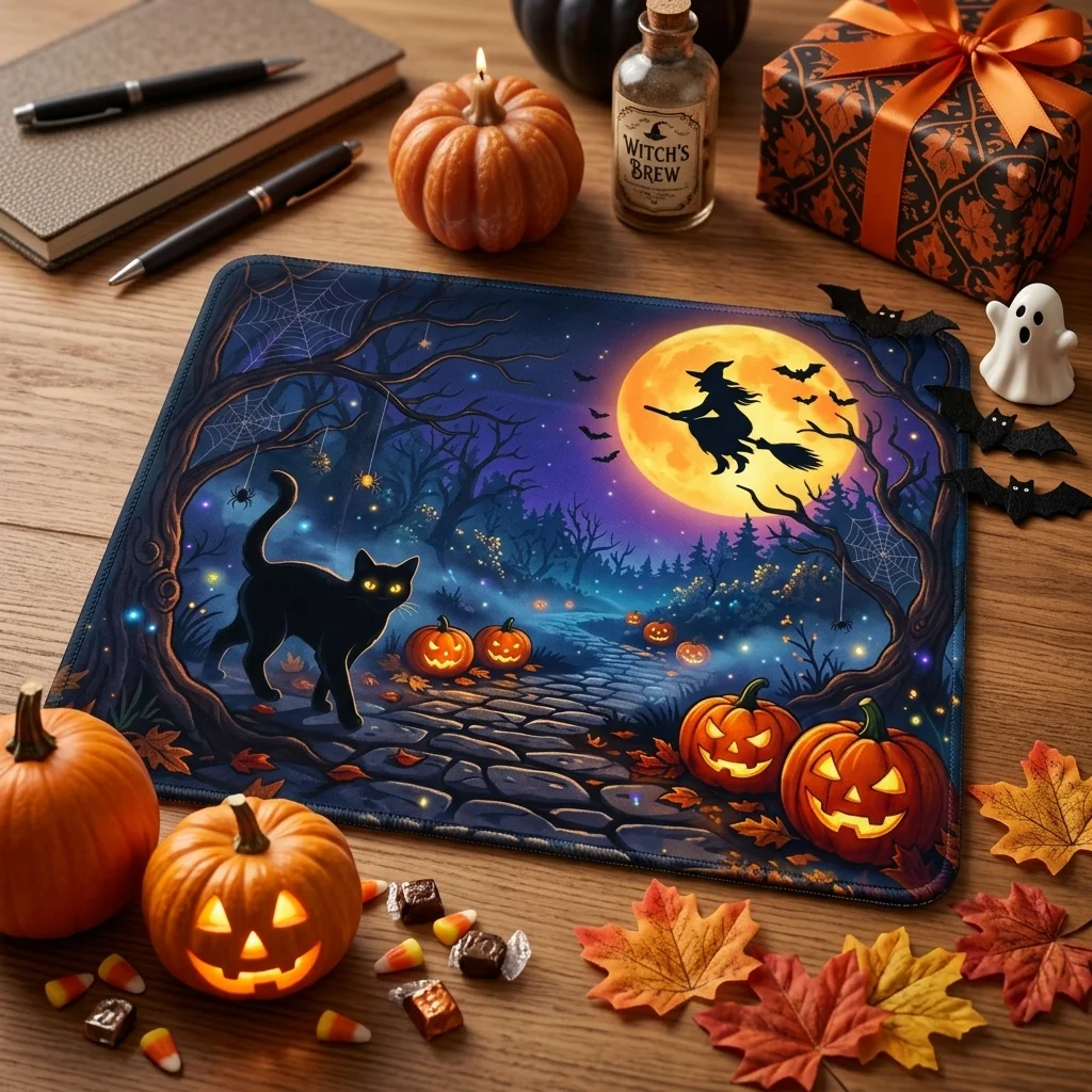1pc Halloween Black Cat Witch Moon Mouse Pad Non-slip Rubber Base Desk Mat for Office Gaming Computer Laptop