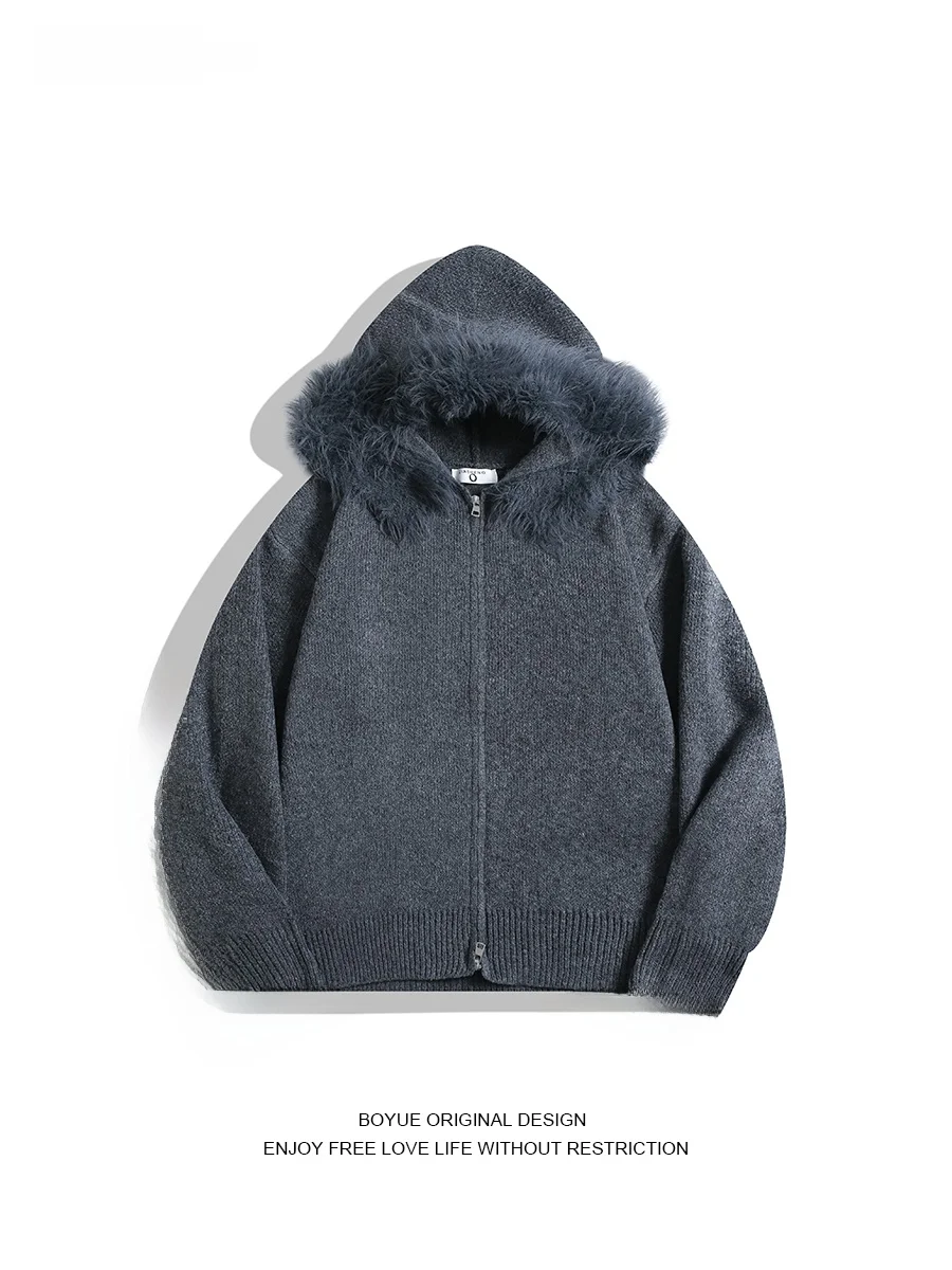 

Boyue Pure Color Knitted Cardigan with Double Zipper And Detachable Fur Collar ex Retro Simple High Street Casual Coat