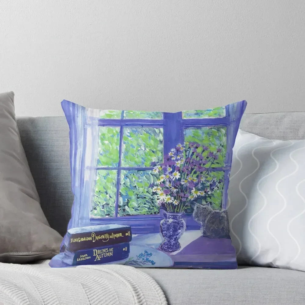 

Window cat books blues forget me nots painting by Laura Rispoli daisies flowers Throw Pillow Decorative Sofa Cushions pillow