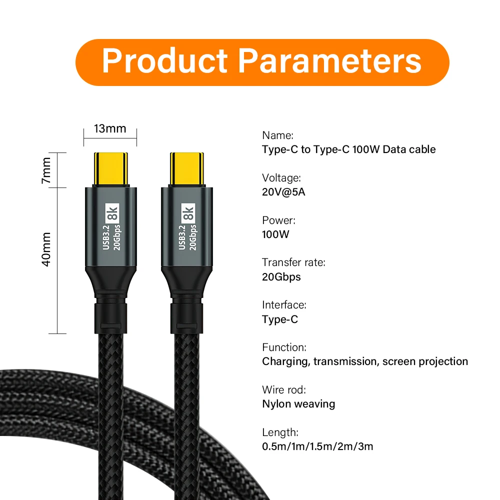 PD100W USB 3.2 20Gbps ThunderBolt 3 Type C to Type C Cable 8K@60Hz USB-C Data Cord For iPhone 15 Pro Max MacBook Samsung 2m 3m