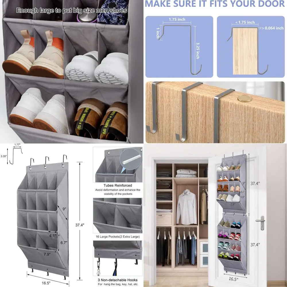 

Органайзер для обуви на дверь с 24 карманами, 4 отделениями для хранения и 6 крючками, серый