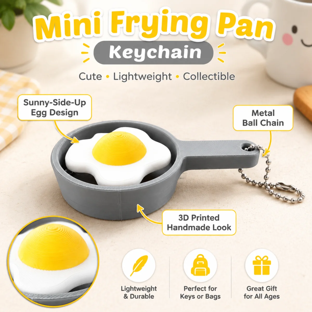 1pc 8.9cm Mini Frying Pan Fried Egg Fidget Keychain, Eco 3D Printed PLA Sliding Press Food Shape Stress Relief Bag Pendant