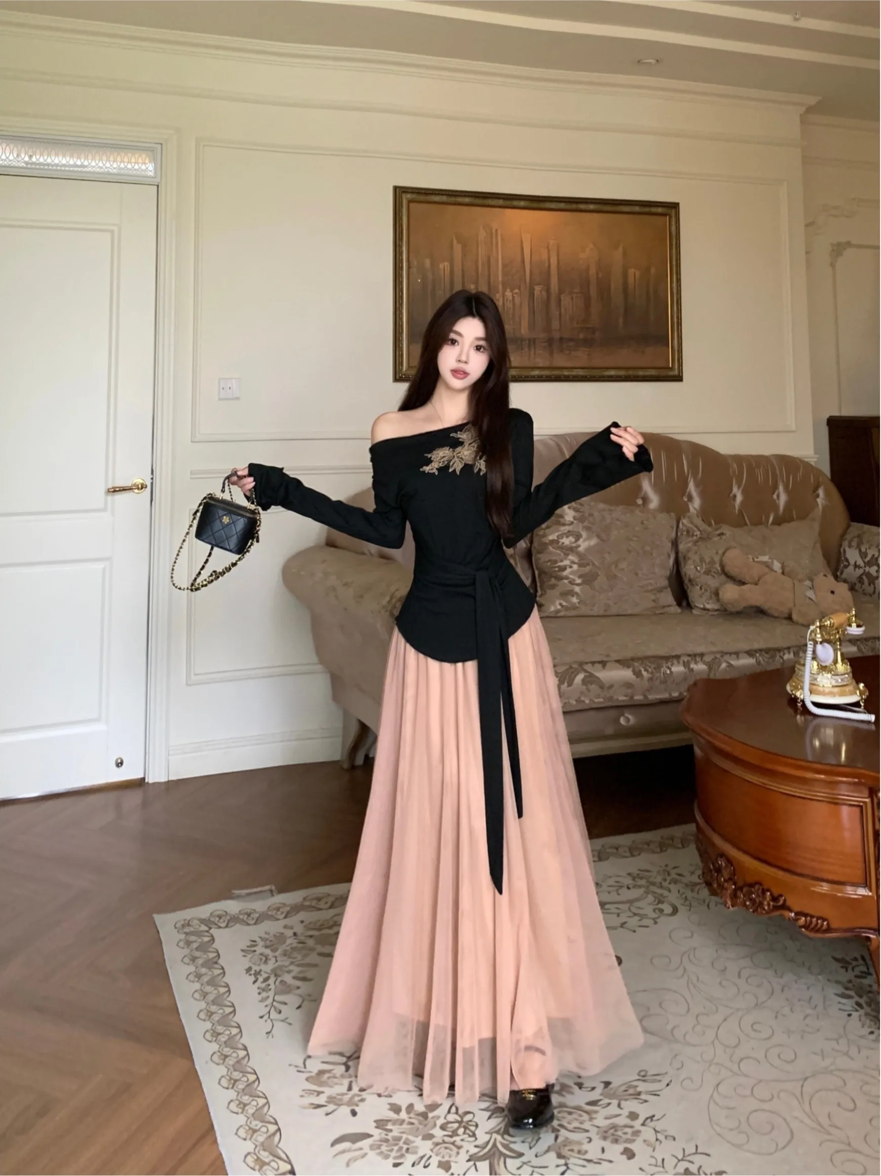 

plus Size Women's Fashion Set Pink Mesh Long Sleeve Asymmetrical Shoulder Bow Tie Top High Waist A-Line Skirt Autumn New Arrival