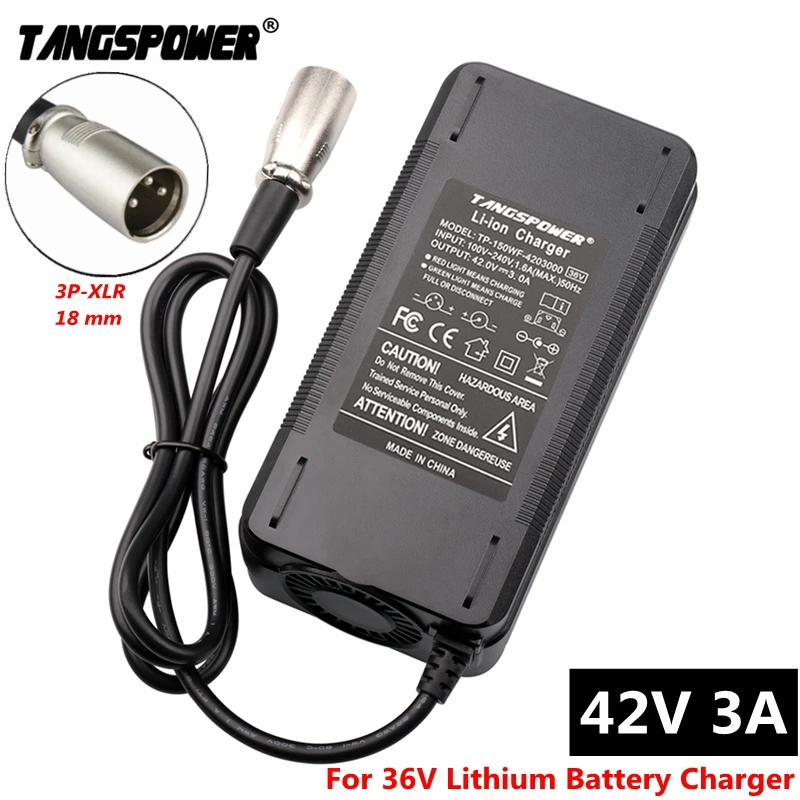 

42V 3A Battery Charger For 10S 36V Lithium Battery Pack 3-Pin XLR Connector 150W High Power Charger With Fan Heat Dissipation