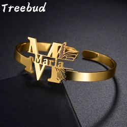 Treebud Customized Butterfly Name Bangle Stainless Steel Personalized Capital Letters Open Bracelets For Women Jewelry Gifts