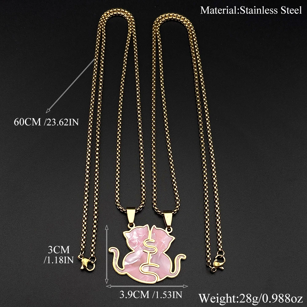 2-teiliges Set Edelstahl Schwarz Weiß Rosa Katzen-Halskette Liebesumarmung Katzen Paar-Anhänger Halsketten BFF Schmuck für Frauen und Freundinnen – Detail 3