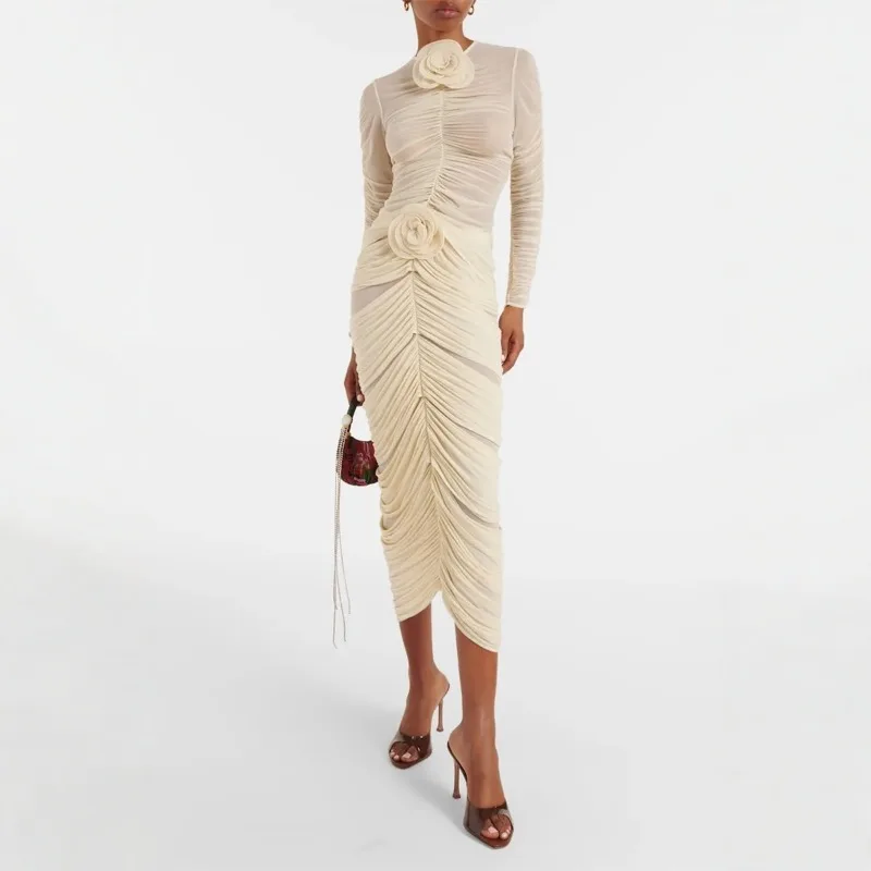 

2024, весна-лето, новое французское женское платье миди с круглым вырезом и рюшами, женское платье миди с 3D цветами