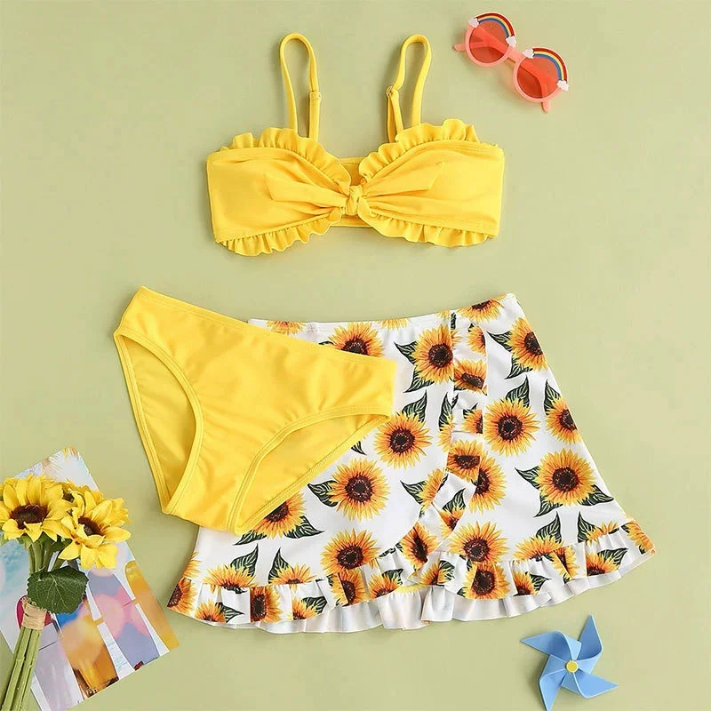 New Girls' Swimwear Sets Children's Printed Split Swimsuit Three Piece Children's Fashion Bikini Suit Summer Casual Beachwear