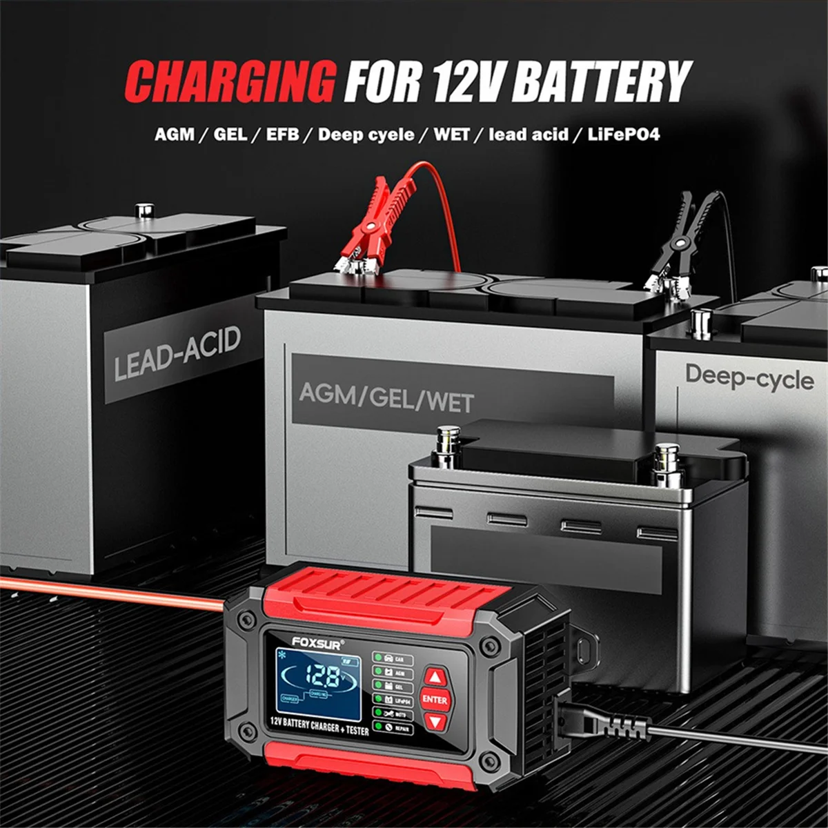 HHTL 2 في 1 جهاز اختبار شاحن بطارية السيارة الذكية، 12 فولت سيارة دراجة نارية الرصاص الحمضية دورة عميقة LiFePo4 شاحن بطارية ذكي الاتحاد الأوروبي التوصيل