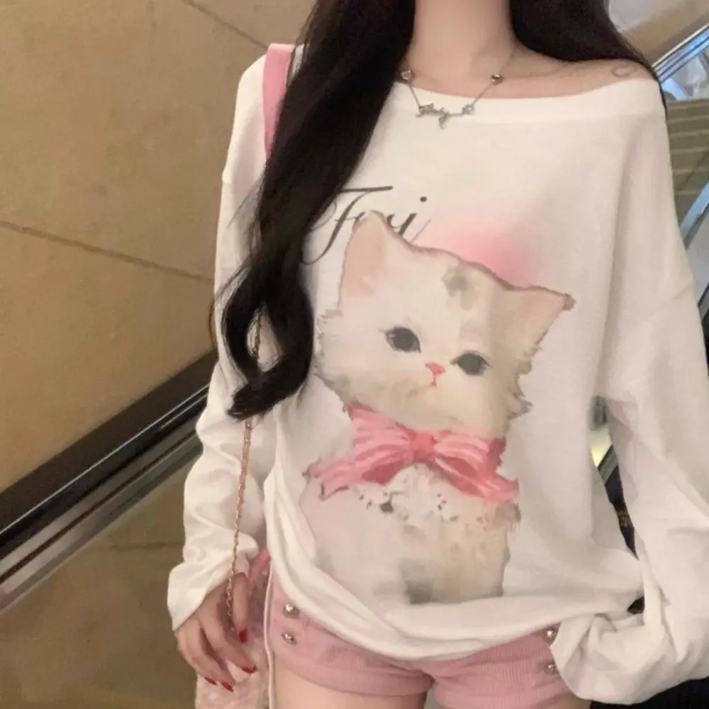 Soft Slanted Neck Cat Print Shirts Top Thin Cartoon Animal Long Sleeved T-shirt Letter Ins Sweet T-Shirts Women Summer