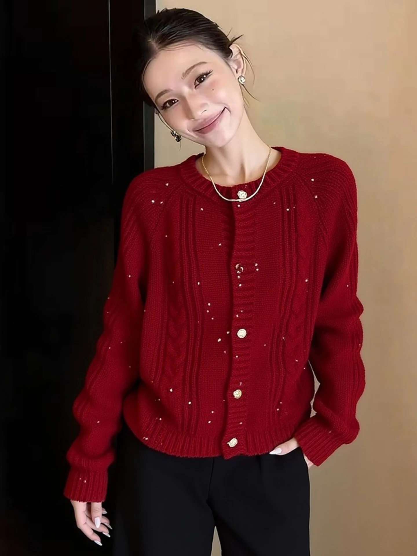 

Красный женский кардиган-свитер Ele Red для повседневной носки, весенний, омолаживающий, в корейском стиле, прямого кроя, с длинными рукавами и круглым вырезом