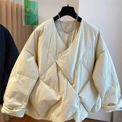 High-end Design Irregular Cotton Jacket Women Winter New Loose Zipper Womens Coat Basic V-neck Woman Outwear