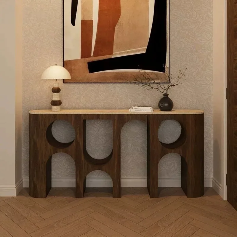 Medieval wabi silent wind solid wood entrance table, French retro corridor aisle end view table, simple high-end travertine