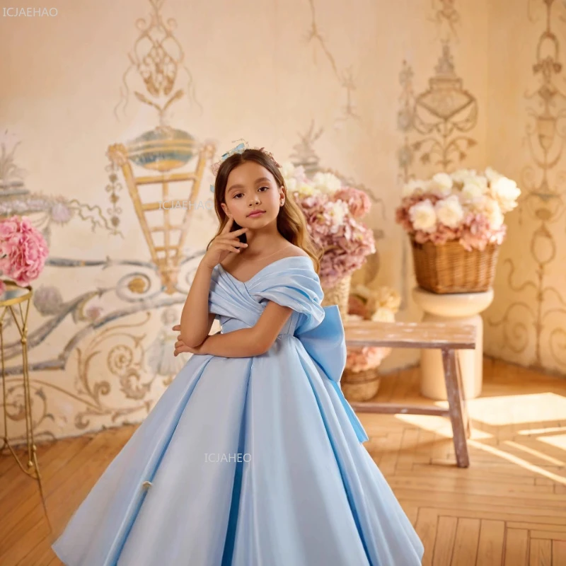 Blue Girls Long Off Shoulder Evening Gown for Host Performance Piano Violin Formal Party Gown Eid Mubarak Banquet Dress Princess