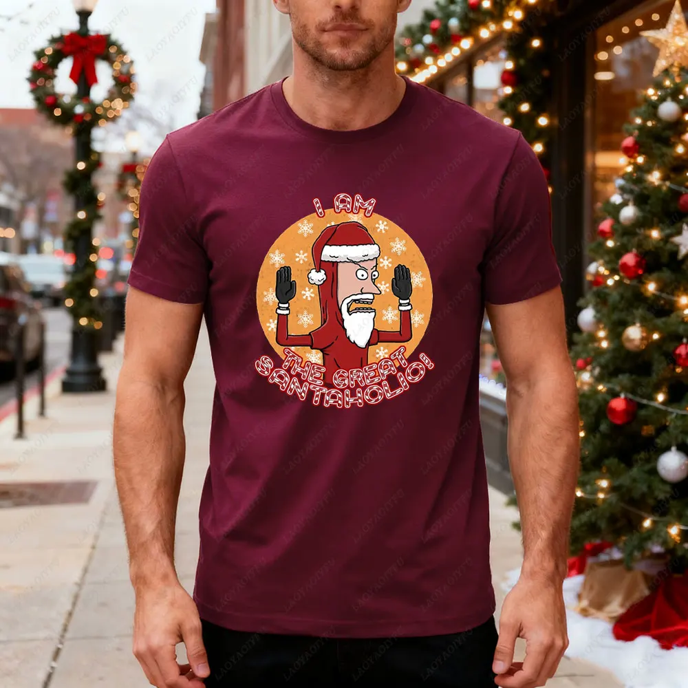 عيد الميلاد أنا العظيم سانتا هوليو الجرافيك تي شيرت Beavi and Buttheads الكلاسيكية قصيرة الأكمام الصيف الرجال القطن الرجال التي شيرت #6