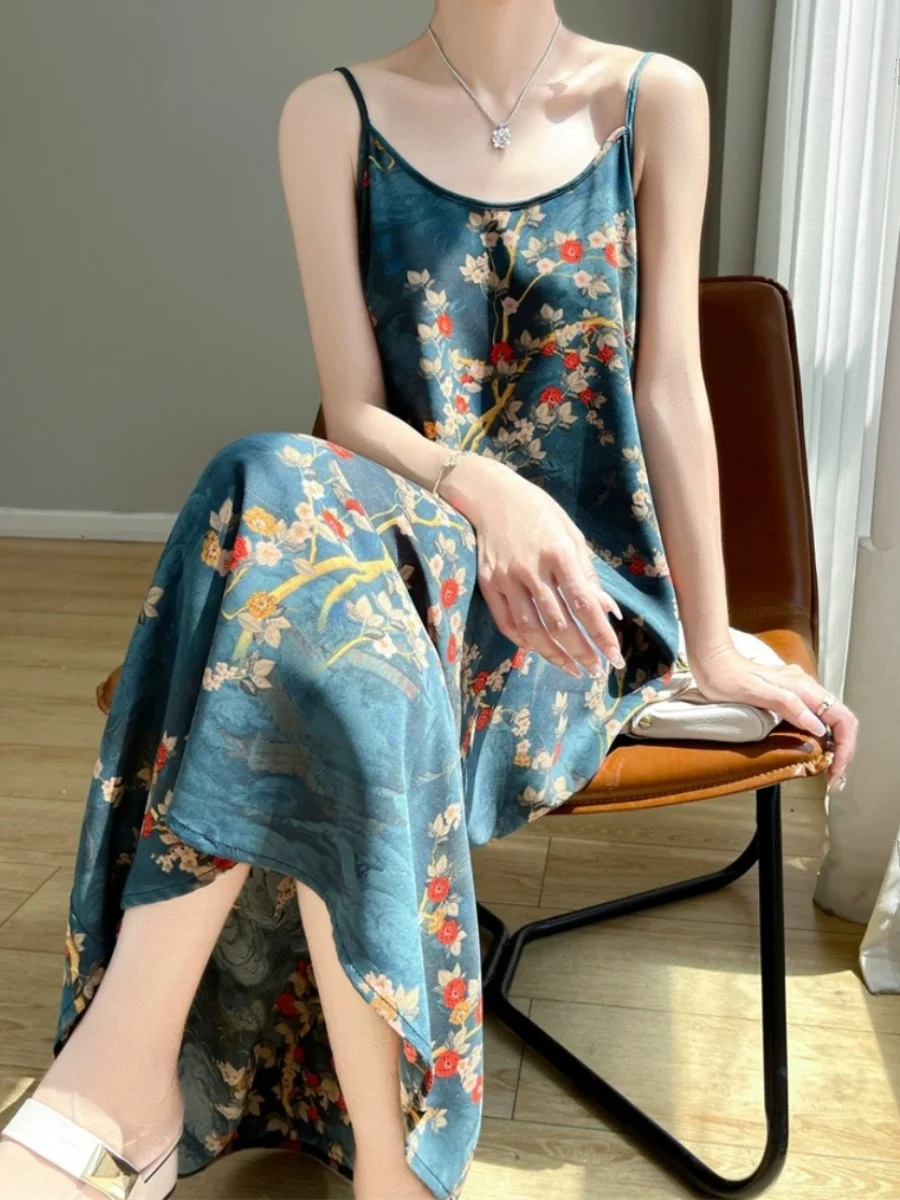 Retro Chinese Sle Floral Print One-oulder Strapl A-Line Dr Summer Bal Commute Casual High Waist Long Skirt