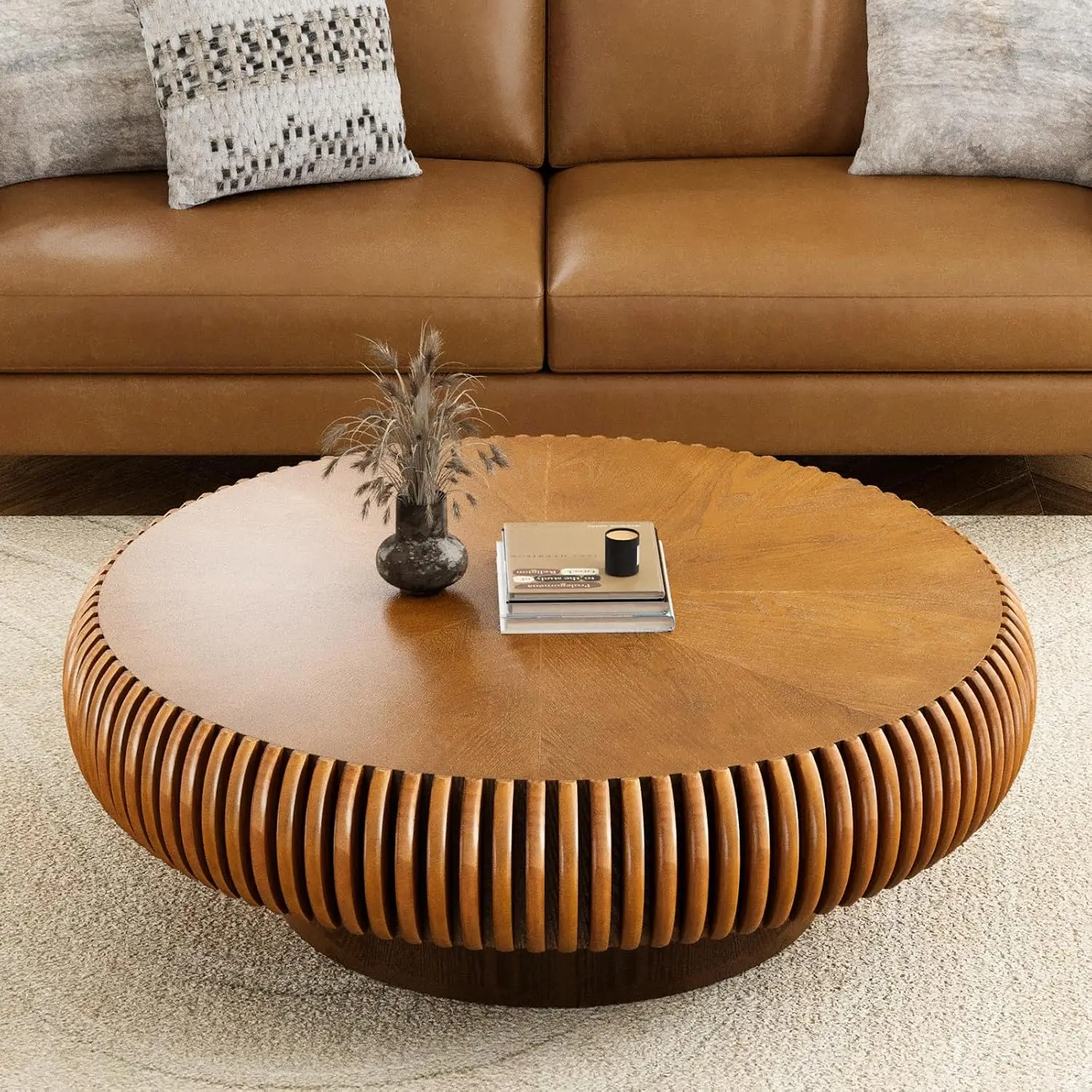 

Brown Round Coffee Table For Living Room Round Fluted Drum Coffee Table Modern Fluted Coffee Tables For Living Room
