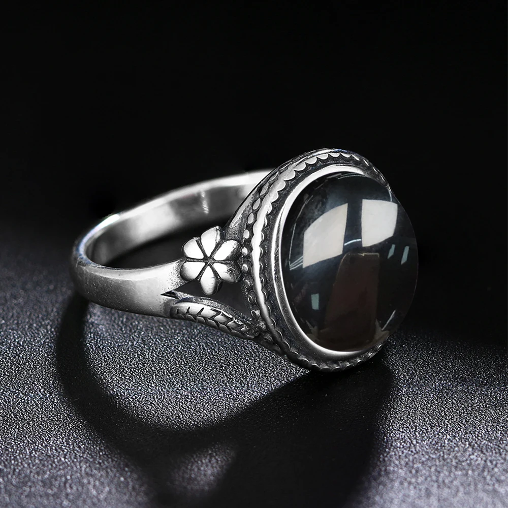 Anillo de plata de ley S925 para mujer, óvalo redondo, Ágata negra Natural, regalo en forma de sol, joyería fina de lujo Retro