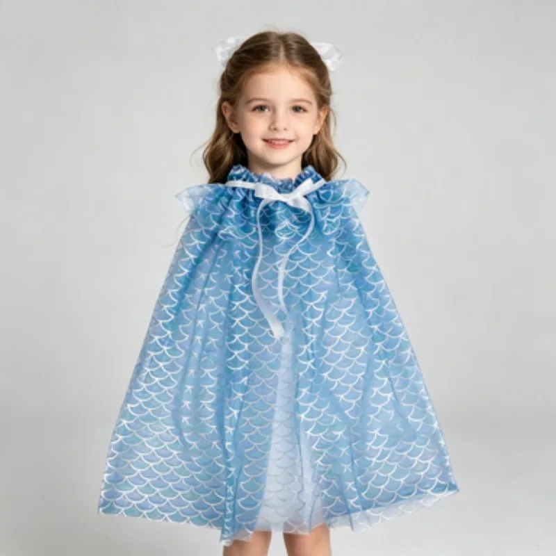 Kids' Halloween Printed Tulle Cape, Shimmer Drawstring Cloak with Fish Scale Pattern for Birthday Parties & Holiday Celebrations - view 5