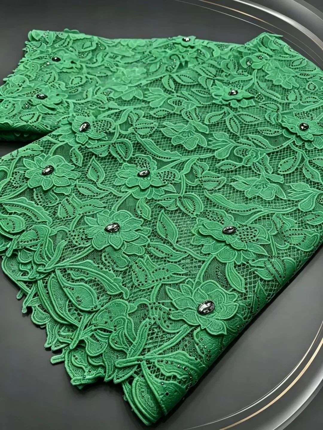 ​Aqua Blue Beaded Flower Lace Fabric, Sparkly Crystal Applique Mesh for Bridal Gowns, Prom Dresses, DIY Crafts AT3241-A1
