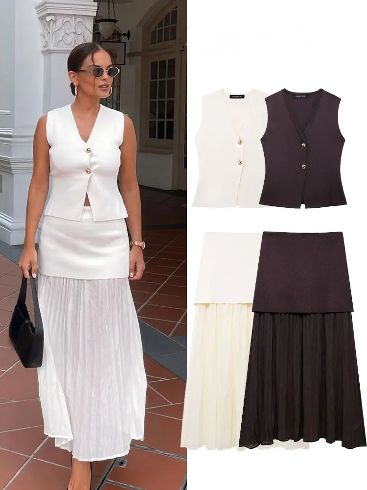 

HH Women 2 Piece Skirt Set Elegant V-Neck Sleeveless Button Knitted Vest Top+Splicing High Waist Zipper Ankle-Length Skirts
