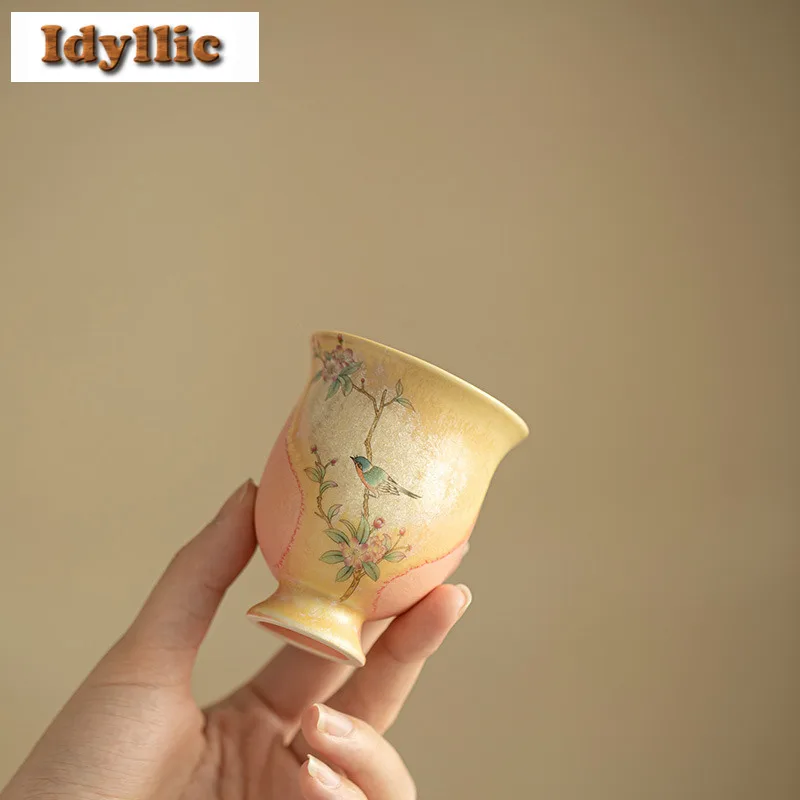 

100ml Kiln Fambe Crystal Glaze Flowers And Birds Teacup Retro Tea Bowl Jug Tea-tasting Fragrance Cup Chazhan Master Cups Teaset