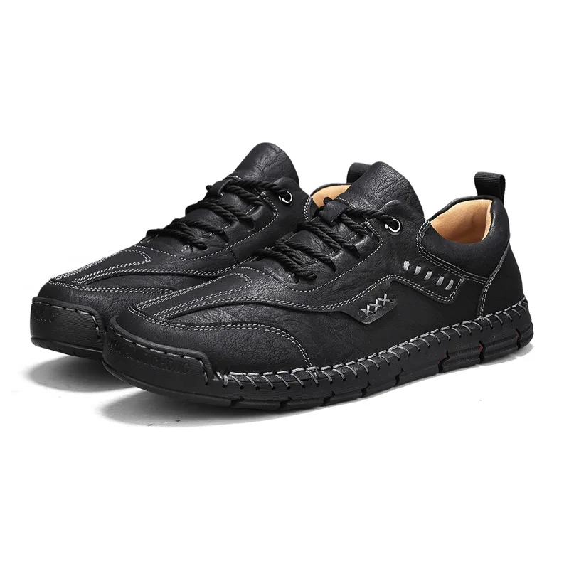 

2026 New Men's Casual Leather Shoes On-Slip Lightweight Hand Stitched Large Size 46 47 Breathable Comfort Walking Sneakers Black