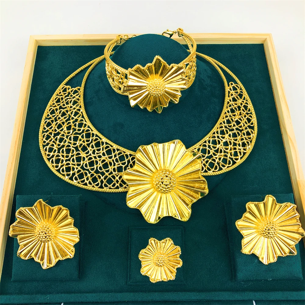 

Luxury African Bridal Wedding Party Gifts Italian 18K Gold Plated Jewelry Set for Women Necklace Drop Earrings Bracelet Ring
