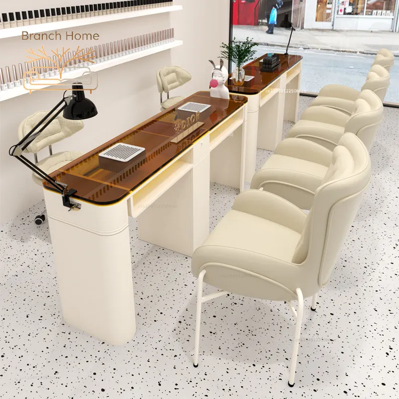 Cream wind manicure table and chair set wrought iron glass manicure table with vacuum cleaner socket manicure table