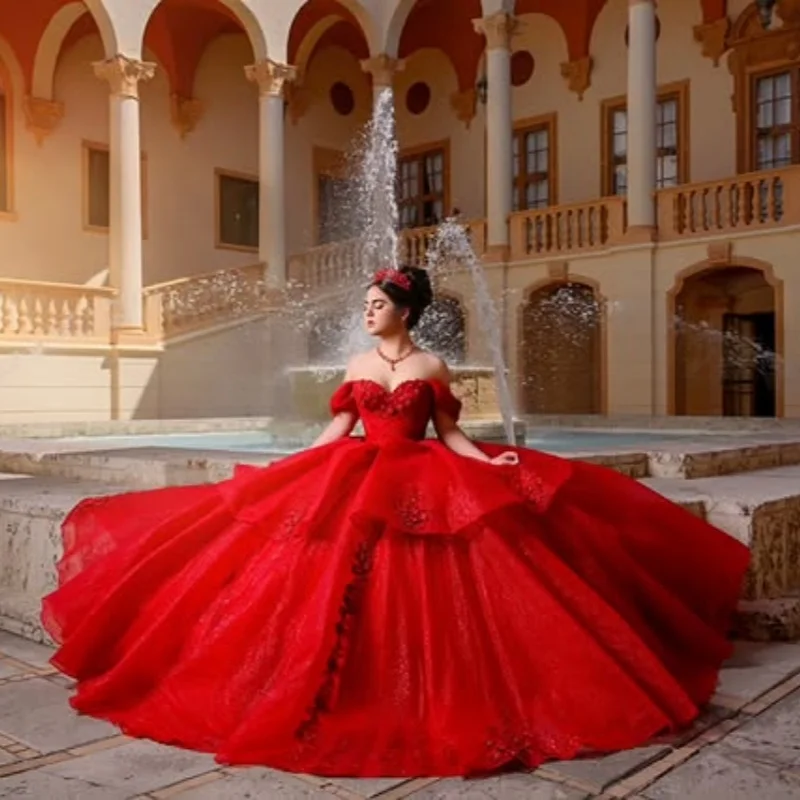 

Customized Shiny Red Quinceanera Dresses Off the Shoulder flower applique layering Long tail Tull Vestido 15 Quinceanera