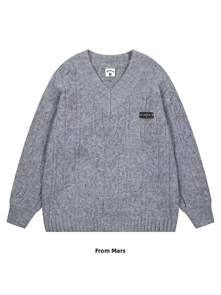 

Свободный вязаный свитер с узором косы, с V-образным вырезом, повседневный, осенне-зимний, модный, молодежный дизайн, с длинными рукавами, круглый вырез горловины