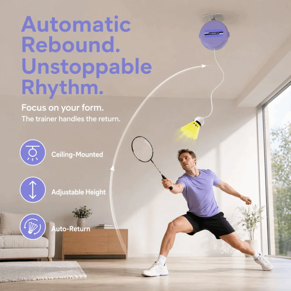 8pcs Ceiling Mounted Badminton Trainer Height Adjustable Snap Button Badminton Rebound Trainer ABS Elastic Cord