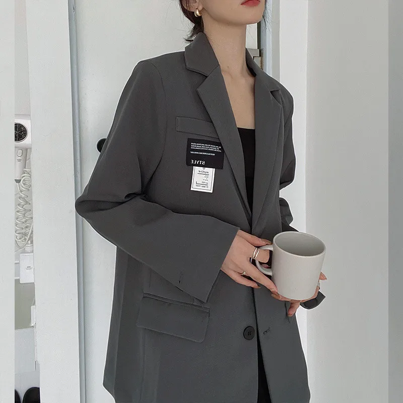 3-A129  Korean-style Loose Gray Small Suit Jacket Women's Sprinnd Autumn All-matgn Sense Design Niche Casual Suit for Small Men