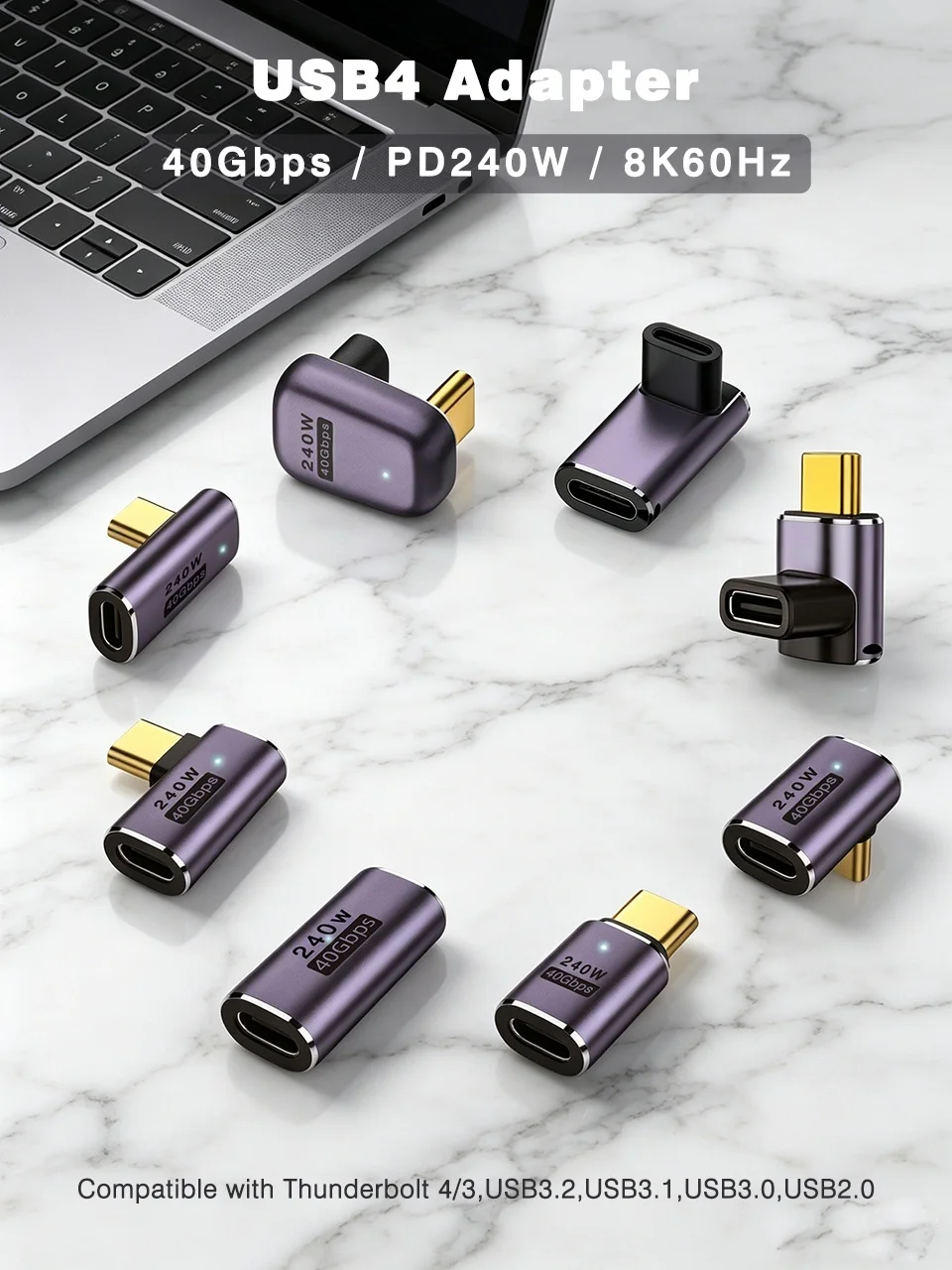 UGOURD 40Gbps Extension Cable Adapter USB C Male to USB C Female Adapter Angled Type C to C Converter 240W With Indicator Light