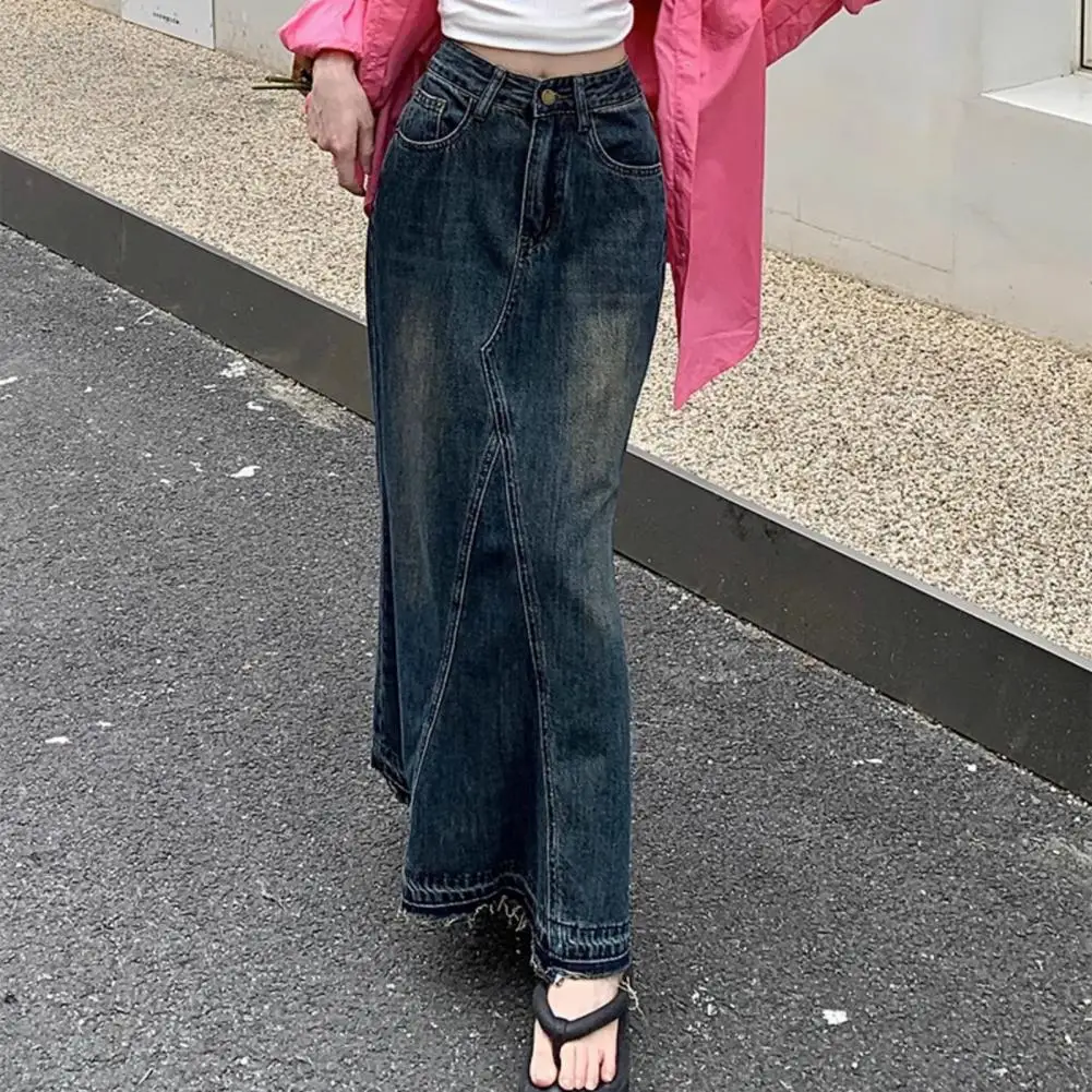 

Women High-waisted Denim Skirt Women Skirt Retro Denim A-line Maxi Skirt with High Waist Pockets Ripped Edge Women's Ankle