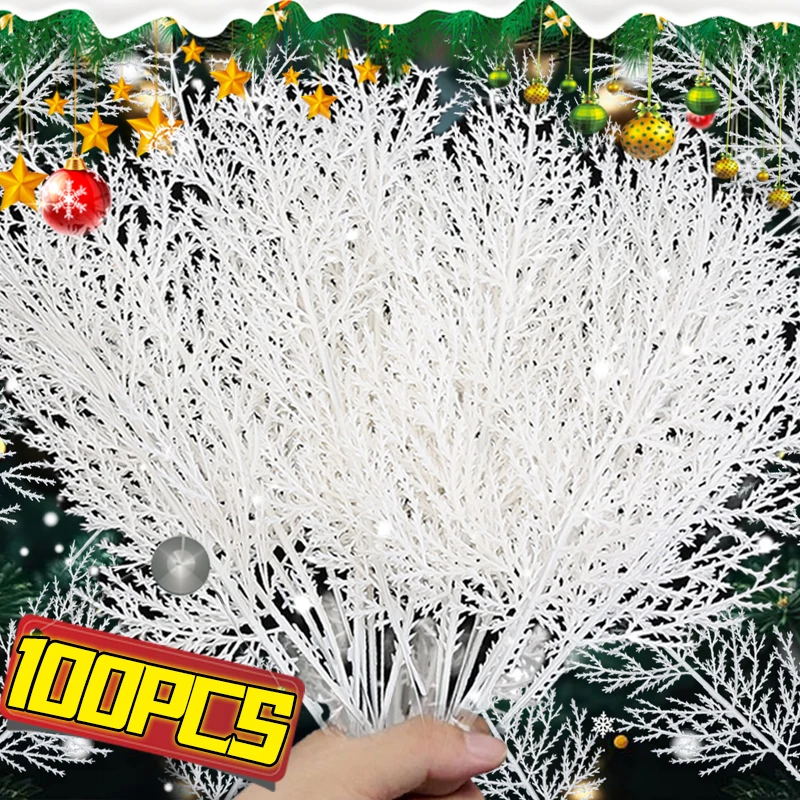 10/100PCS White Artificial Pine Needles DIY Wreath Christmas Tree Fake Plants Ornament Home Garden New Year Party Decor Supplies