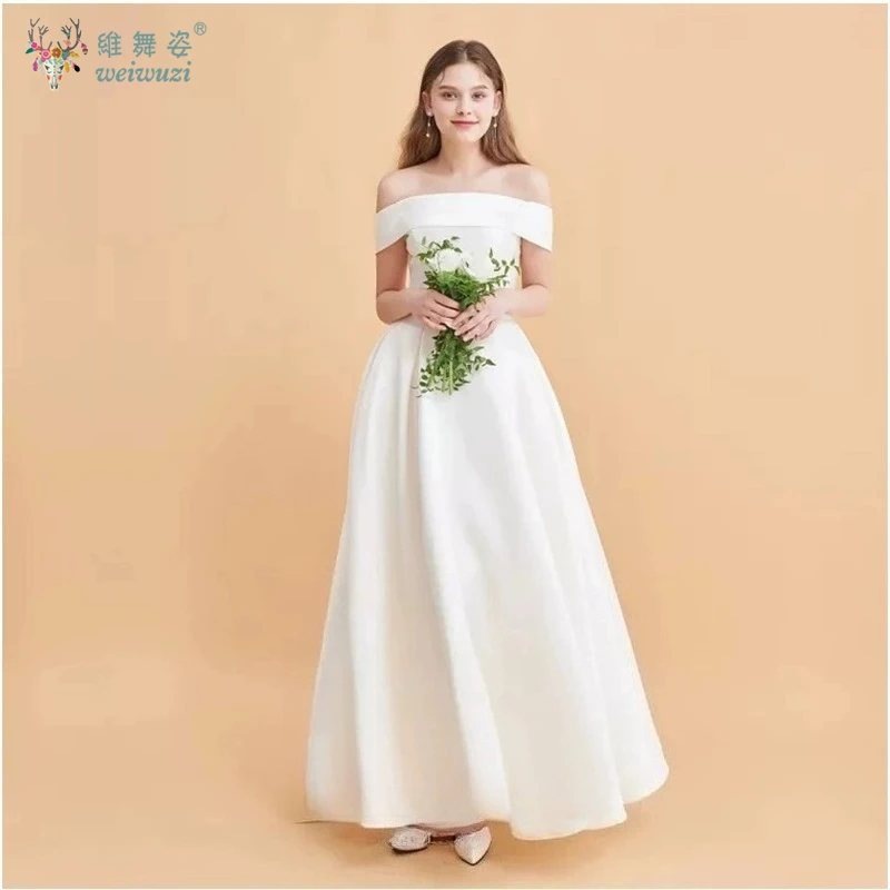 

Korean Style One Collar Wedding Dress with Satin Simple A-line Ankle Length Wedding Dress Bridal Travel Photography Costume