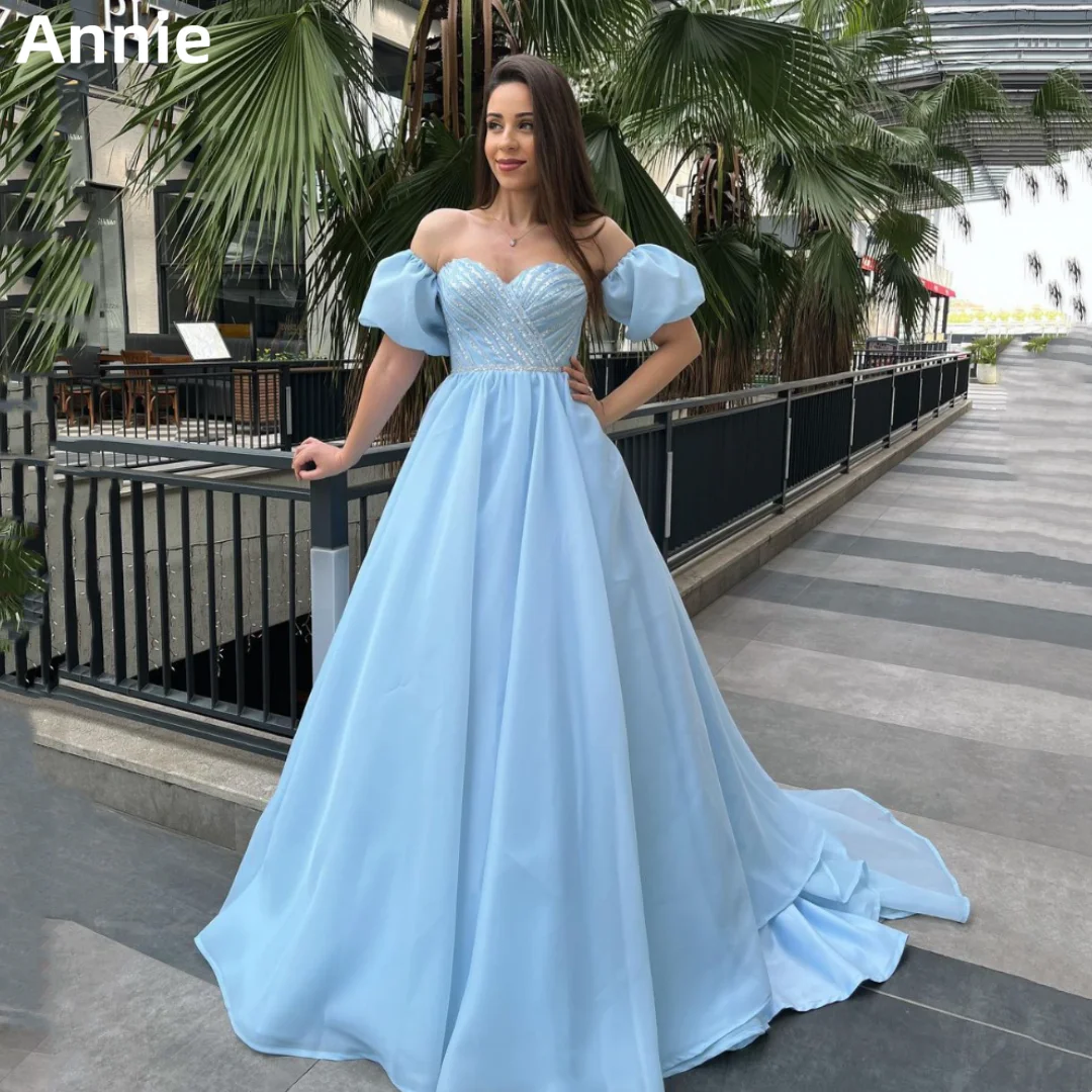 Annie Fairy Puff Sleeves Prom Dresses Off-shoulder Sequined Light Blue Evening Dresses Formal Occasions Elegant Party Dress