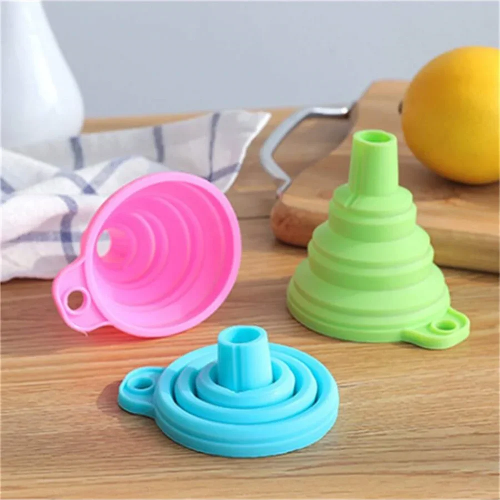 Mini funil dobrável de silicone colorido, funil telescópico para vazamento de óleo, ferramenta de cozinha para distribuição de líquidos, acessórios de cozinha